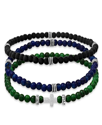 Steeltime Men's Sterling Silver Lapis Beaded Stretch Bracelet Set