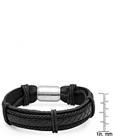 Steeltime Men's Genuine Black Leather Bracelet with Stainless Steel Magnetic Clasp