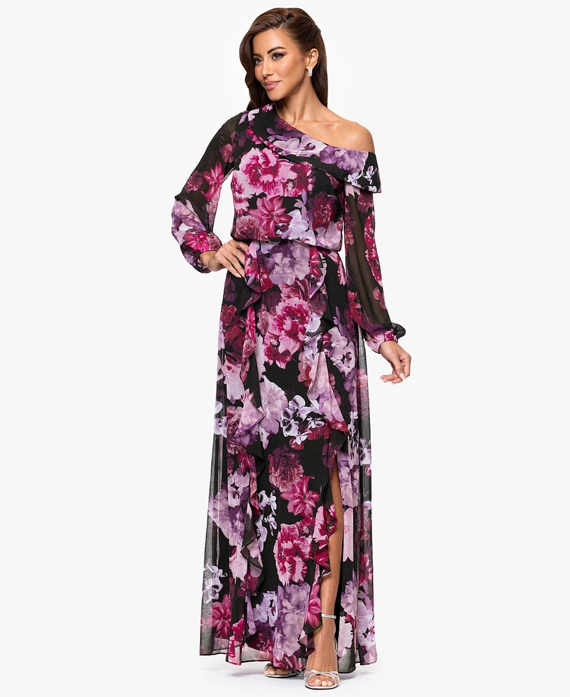 Xscape Women's Printed Asymmetrical Long-Sleeve Maxi Dress