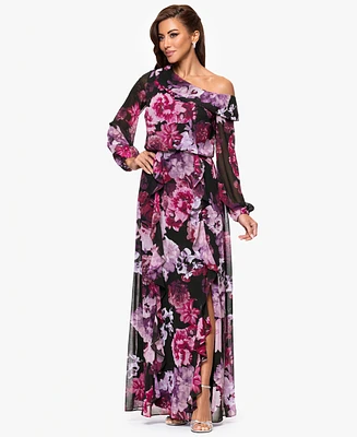 Xscape Women's Printed Asymmetrical Long-Sleeve Maxi Dress