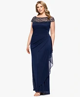 Xscape Plus Sheer Boat-Neckline Long Sheath Dress