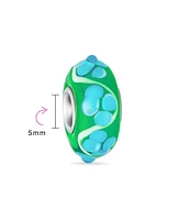 Bling Jewelry Murano Glass .925 Sterling Silver Core 3D Lamp work Floral Blue Green Red and White Hibiscus Flower Spacer Charm Bead Fits European Brac