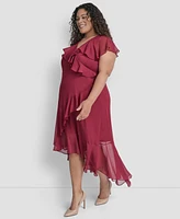 Dkny Plus V-Neck Ruffled High-Low Hem Dress