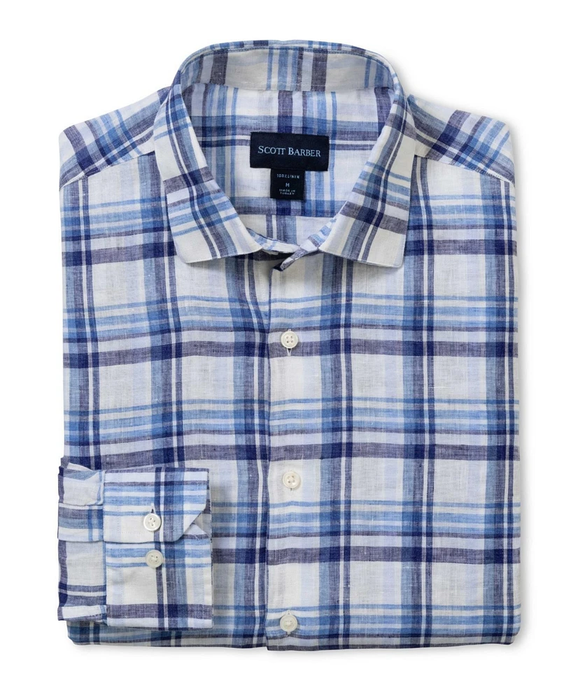 Scott Barber Men's European Linen Navy Plaid