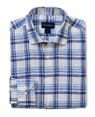 Scott Barber Men's European Linen Navy Plaid