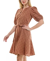 Taylor Petite Split-Neck Puff-Sleeve Fit & Flare Dress