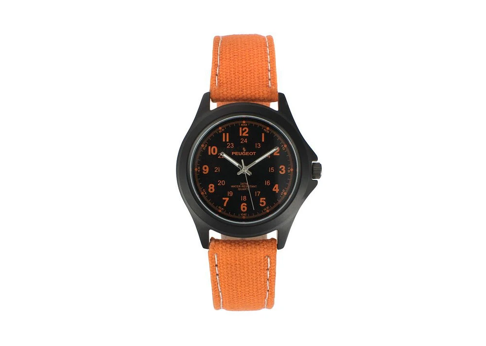 Peugeot Men's 40mm Military Dial Sport Orange Canvas Strap Watch