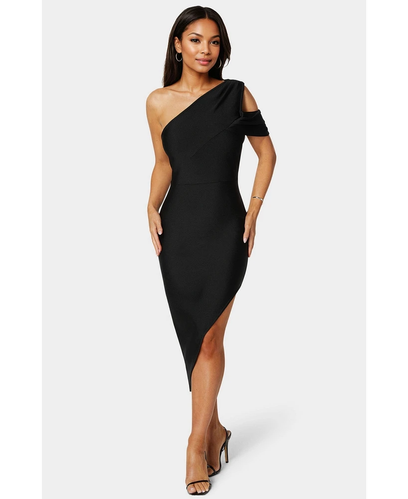 Bebe Women's Asymmetrical High Slit Bandage Midi Dress