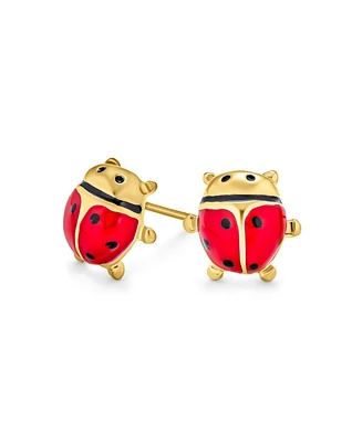 Bling Jewelry Small Fashion Black Spots Ladybird Lucky Summer Garden Insect Red Ladybug Stud Earrings Gold Plated Brass