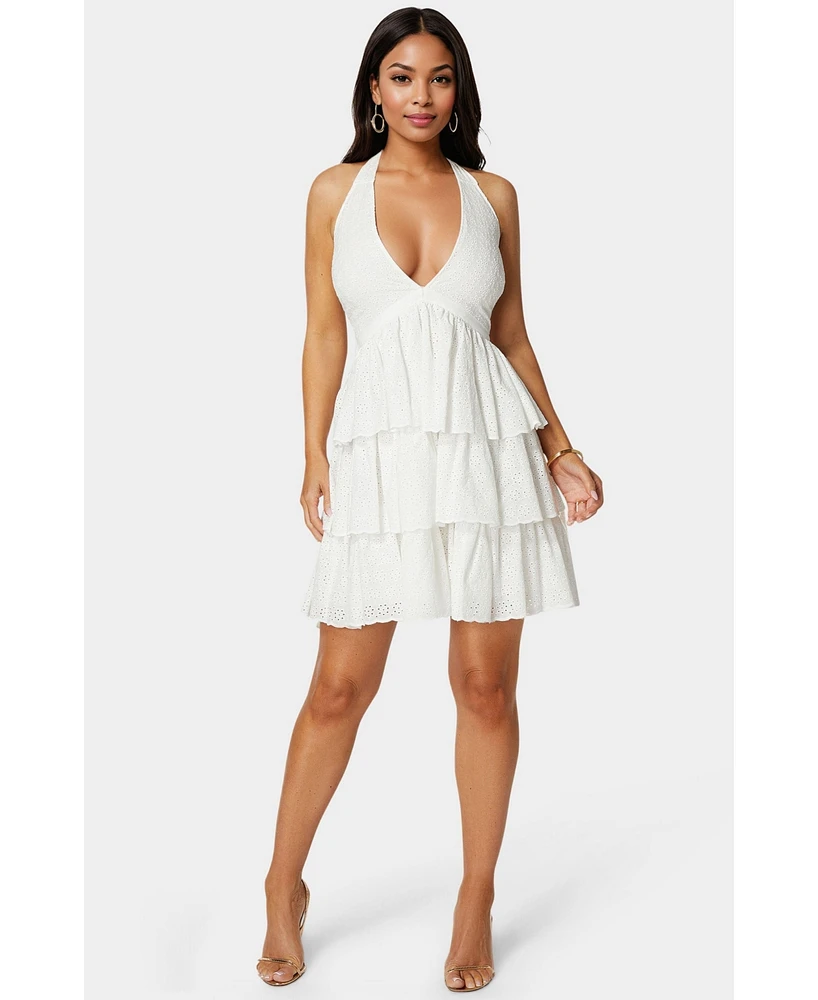 Bebe Women's Tiered Eyelet Halter Dress
