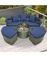 Outdoor Pe Wicker Round Daybed with Retractable Canopy and Cushions