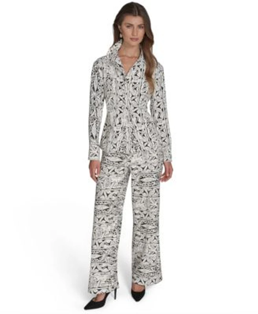 Halston Womens Printed Button Front Shirt Printed High Rise Wide Leg Pants