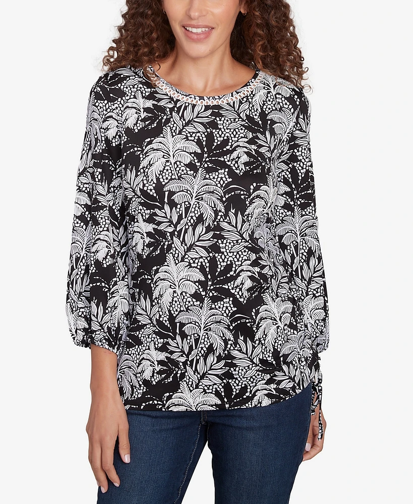 Ruby Rd. Petite Monotone Palms Puff Print Side Tie Top