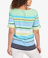 Ruby Rd. Petite Multi Stripe Roll Tab Sleeve T Shirt