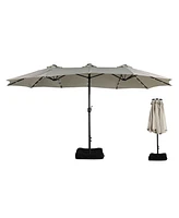 15 Ft Patio Umbrella with Base Included Outdoor Solar Lights Large Double-sided Market Table Umb