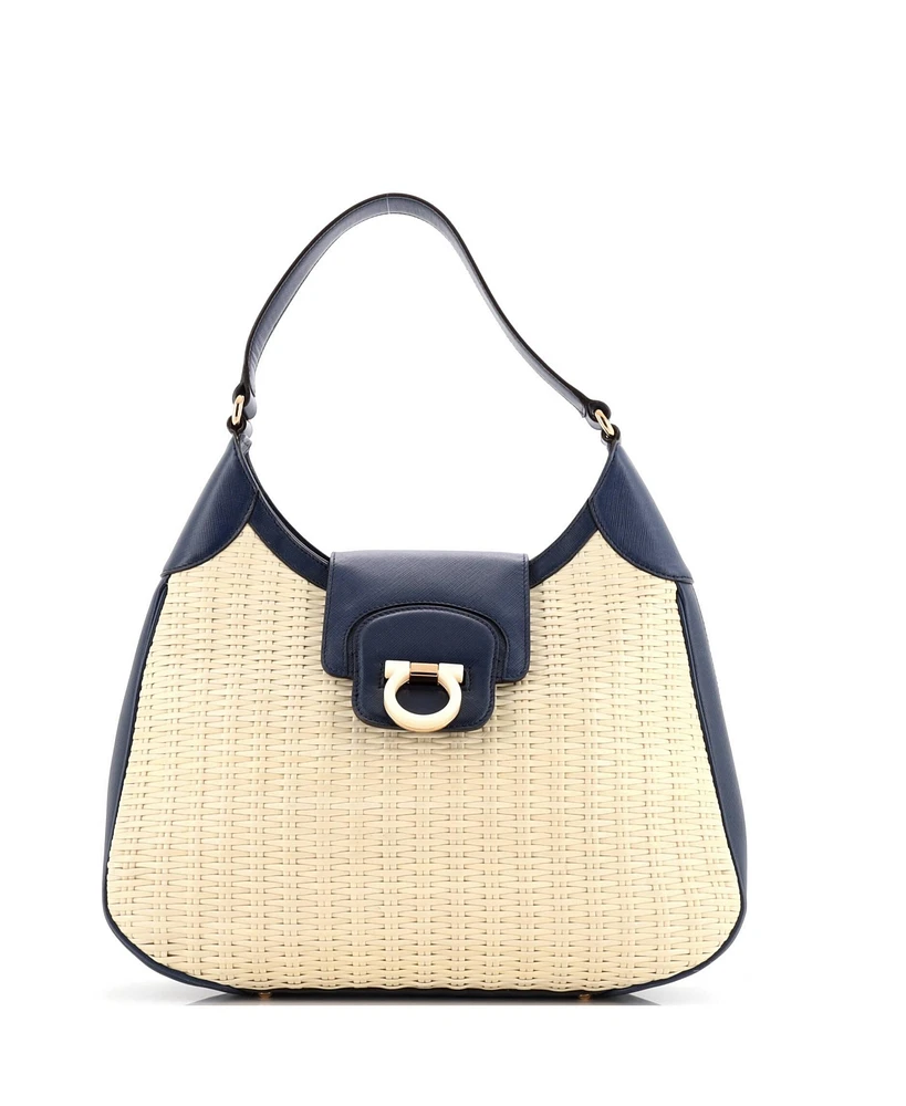 Pre-Owned Salvatore Ferragamo Gancini Flip Lock Hobo Woven Leather