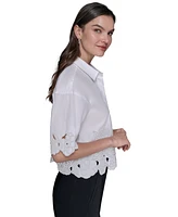Karl Lagerfeld Paris Women's Cotton Floral-Embroidered Camp Shirt