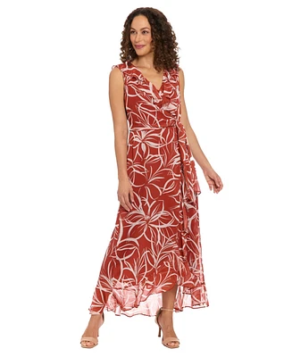 London Times Petite Floral-Print Ruffled Maxi Dress