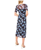 CeCe Women's Short Sleeve Ruched Side Mesh Crew Neck Midi Dress
