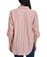 Gloria Vanderbilt Women's Amanda Striped Roll-Tab-Sleeve Button-Front Shirt - Guava Ice