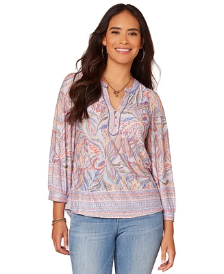 Democracy Petite Blouson-Sleeve Border-Print Knit Top