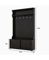 Boyel Living Hall Tree with Top Shelf and Storage Bench, Hallway Shoe Cabinet Sliding Doors, Coat Rack 5 Hanging Hooks for Entryways