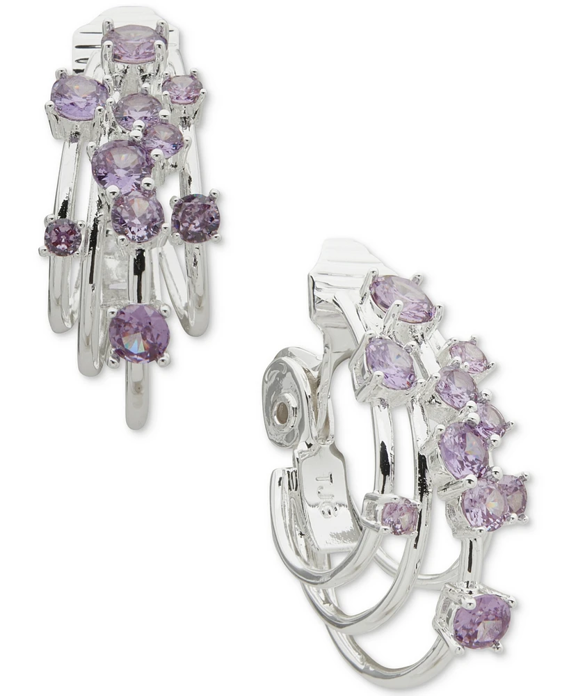 Anne Klein Silver-Tone Purple Cluster Stone Hoop Comfort Clip On Earrings