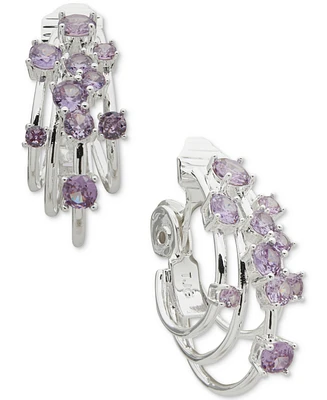 Anne Klein Silver-Tone Purple Cluster Stone Hoop Comfort Clip On Earrings