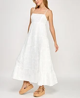 Crystal Doll Juniors' Woven Tie-Back Tiered Maxi Dress