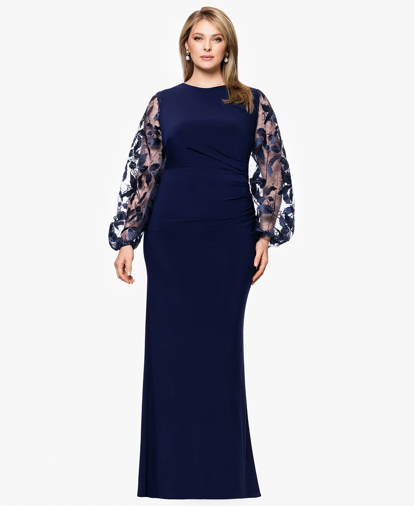 Betsy & Adam Plus Embroidered Scuba Crepe Long Dress