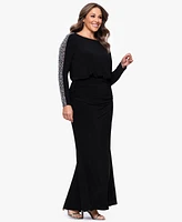 Betsy & Adam Plus Scoop-Neck Long-Beaded-Sleeve Dress