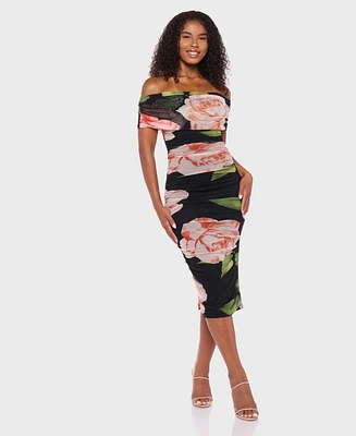 B Darlin Juniors' Printed Mesh Off-The-Shoulder Midi Dress