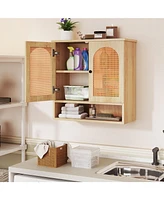 Slickblue Bathroom Wall Cabinet with Adjustable Shelves Open Cube and Rattan Doors