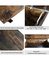 Storage Chest Trunk on Wheels with Brakes Storage Bench Supports 300 lb Wooden Entryway Bench, Shoe Bench, Movable, Safety Hinge, U-Shaped Opening