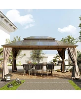 Mondawe 12x16ft Permanent Aluminum Outdoor Canopy Gazebo, Double Roof Uv Protection, Bug Netting, Lifetime Rustproof