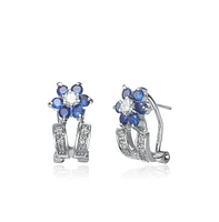 Genevive Sterling Silver White Gold Plating with Blue Cubic Zirconia Flower-Inspired Omega Back Earrings