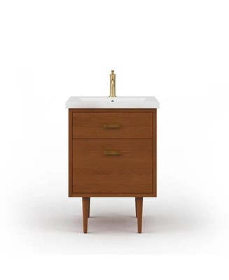 Brandy 24.5 in. W x 18.5 in. D x 34.7 in . H Bath Vanity in Honey Walnut with White Ceramic Top