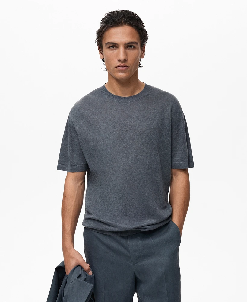 Mango Men's Linen Ribbed Trim T-Shirt