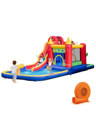 Gymax 9 in 1 Inflatable Bounce House Water Park w/ 680W Blower for 3-10 Years Old