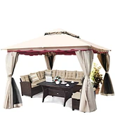 13x10 Feet Patio Steel Gazebo, Large Outdoor Canopy Gazebo with Netting, Side Walls, Zippers, 2 Tier Roof, Steel Canopy Gazebo for Patio, Yard, Garden