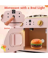 Wooden Kids Kitchen Playset with Chalkboard Ice Maker Sink Lighted Microwave