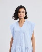 Reistor Women's Oversized V neck Short Dress with Frayed Sleeves