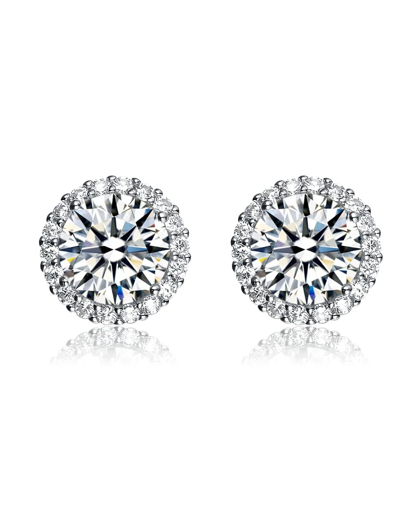 Genevive Sterling Silver White Gold Plating with Clear Cubic Zirconia Button Stud Earrings