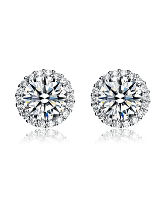 Genevive Sterling Silver White Gold Plating with Clear Cubic Zirconia Button Stud Earrings