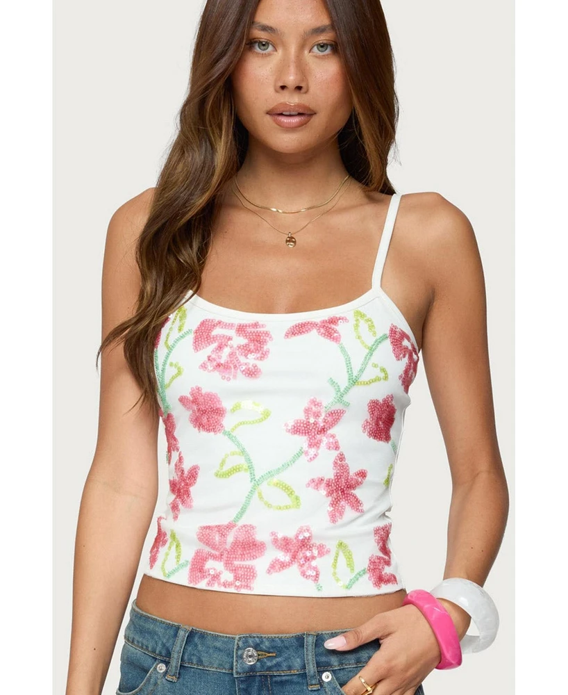Edikted Women's Beaded Floral Embroidered Tank Top