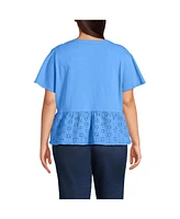 Lands' End Women's Plus Short Sleeve Mixed Media Eyelet Top