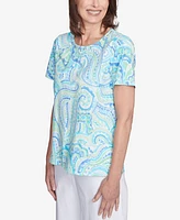 Alfred Dunner Petite Pleated Crew Neck Paisley Top