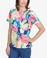 Alfred Dunner Petite Tropical Leaf Split Beaded Neck Top
