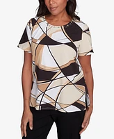 Alfred Dunner Petite Geometric Top with Detailed Neckline