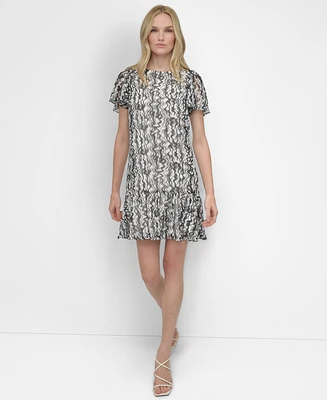 Dkny Women's Printed Flutter-Sleeve Trapeze Dress